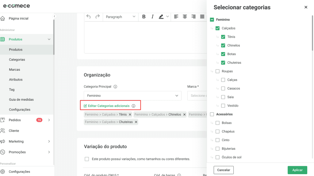 tela de vinculo de produtos com múltiplas categorias