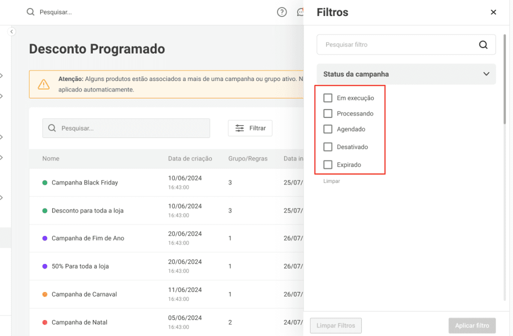 filtro no desconto programado