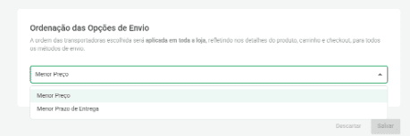 ordenação das opções de envio